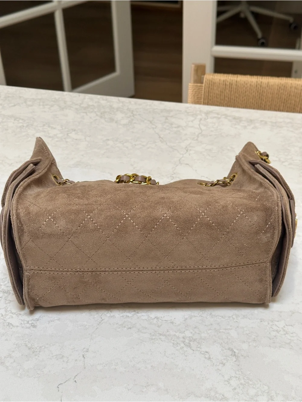 Beige Suede Drawstring Shoulder Bag